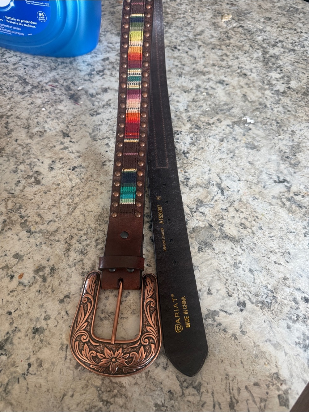 Ariat Brown Leather Belt with Multi-Color Woven Stripe and Copper Buckle